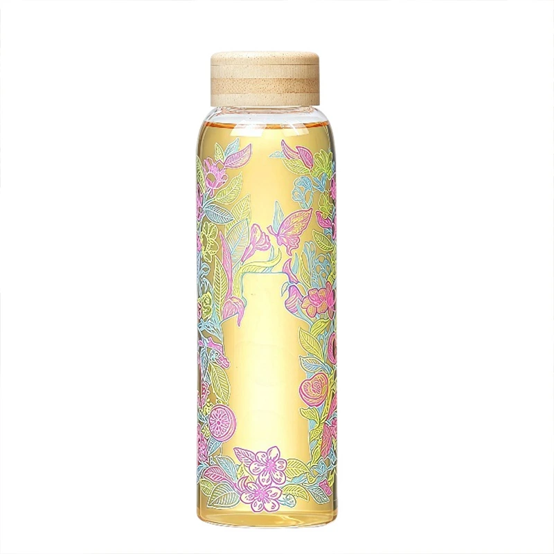 Sketch Floral Double Sided Decal Glass Water Bottle